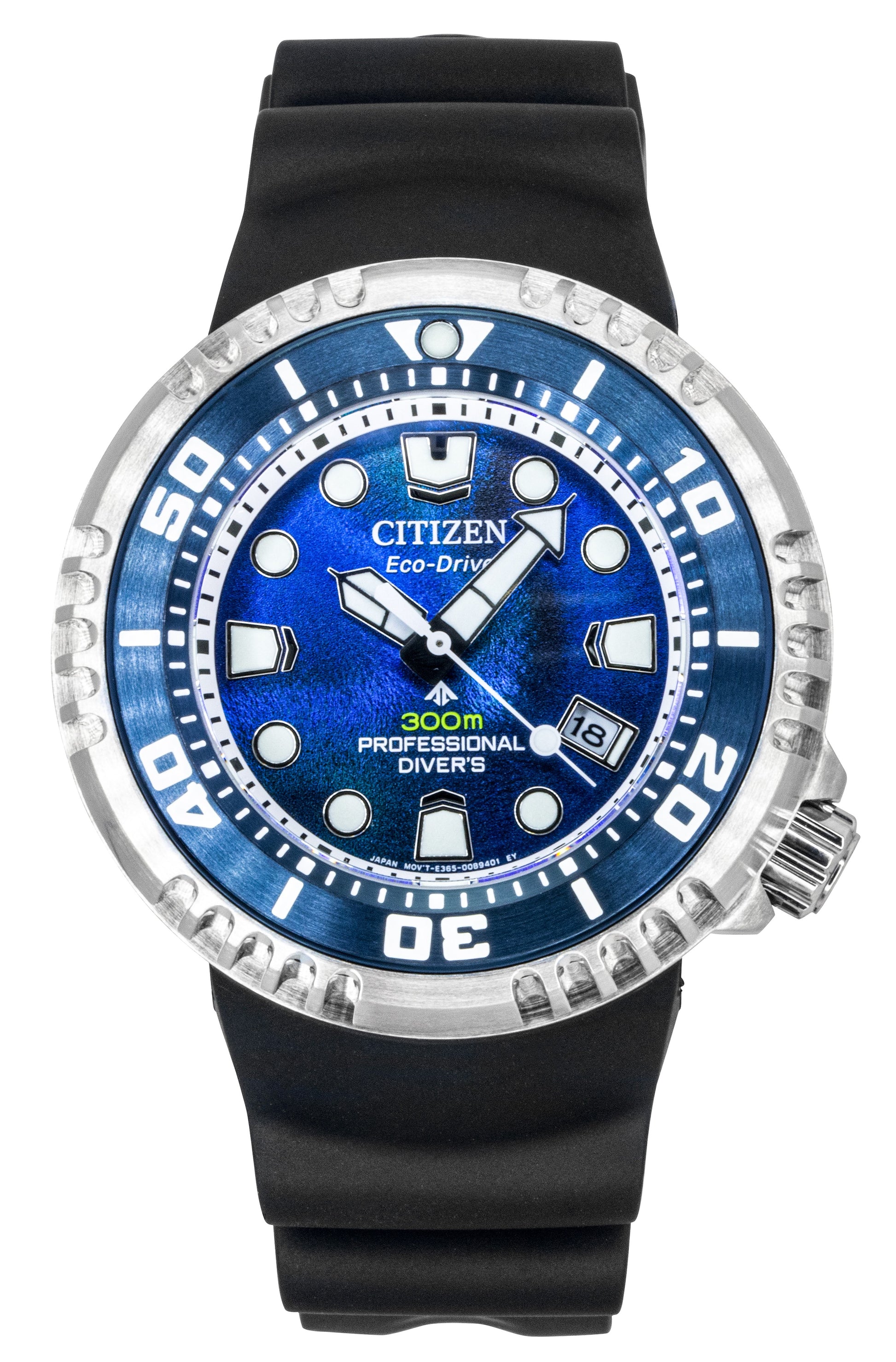 Citizen Promaster Dive Rubber Strap Blue Dial Eco-Drive 300M. A brand-new Citizen Promaster watch featuring a Blue dial and a Rubber strap. Angled view.
