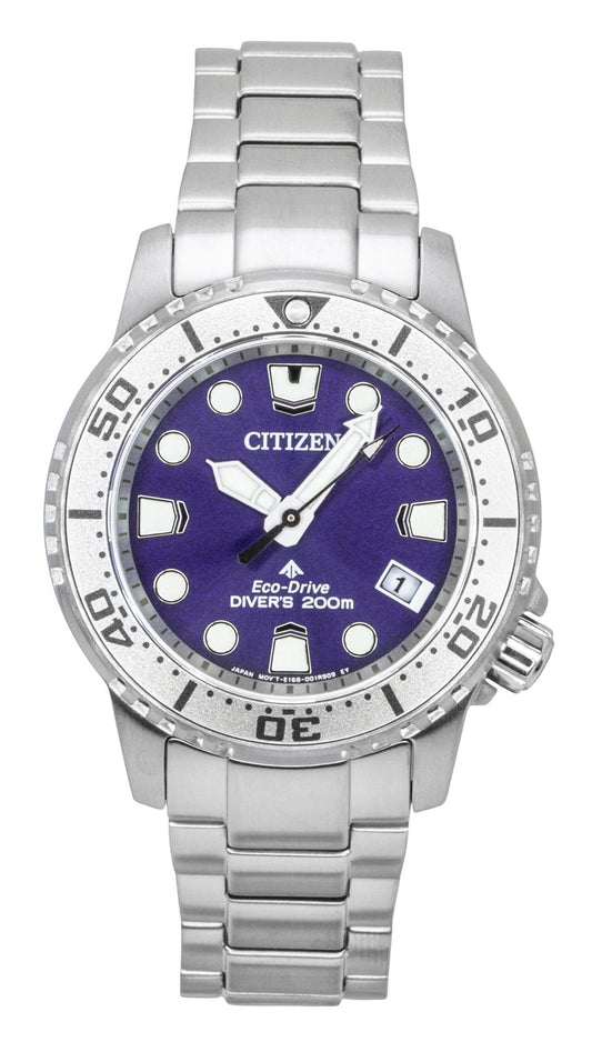 Citizen Promaster Dive Stainless Steel Purple Dial. A brand-new Citizen Promaster watch featuring a Purple dial and a Stainless steel strap. Side view.