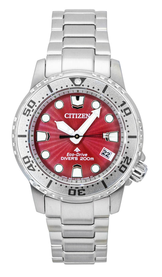 Citizen Promaster Dive Stainless Steel Red Dial Eco-Drive. A brand-new Citizen Promaster watch featuring a Red dial and a Stainless steel strap. Angled view.