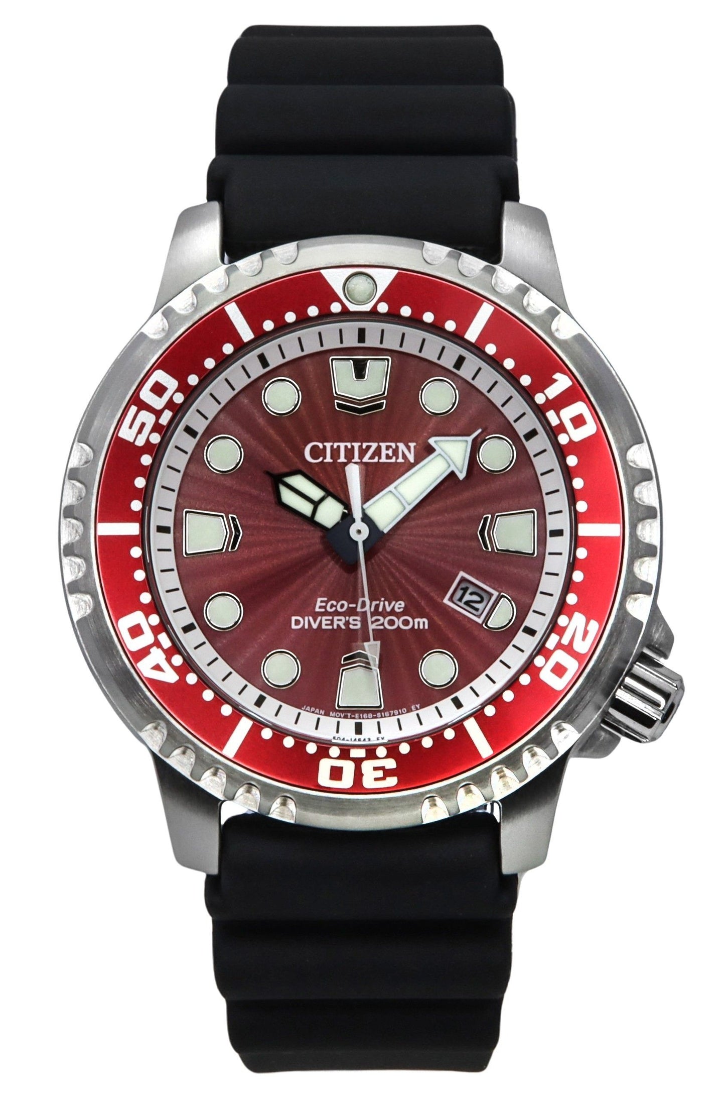 Citizen Promaster Divers Eco-Drive 200M With Silicone Strap. A brand-new Citizen Promaster watch featuring a Silicone strap. Front view.