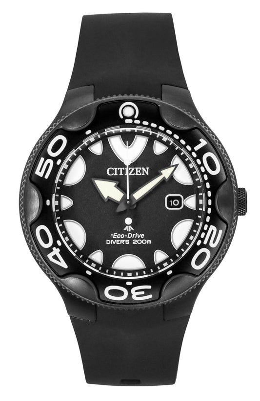 Citizen Promaster Eco-Drive Orca Polyurethane Strap Black. A brand-new Citizen Promaster watch featuring a Black dial and a Polyurethane (PU) strap. Angled view.