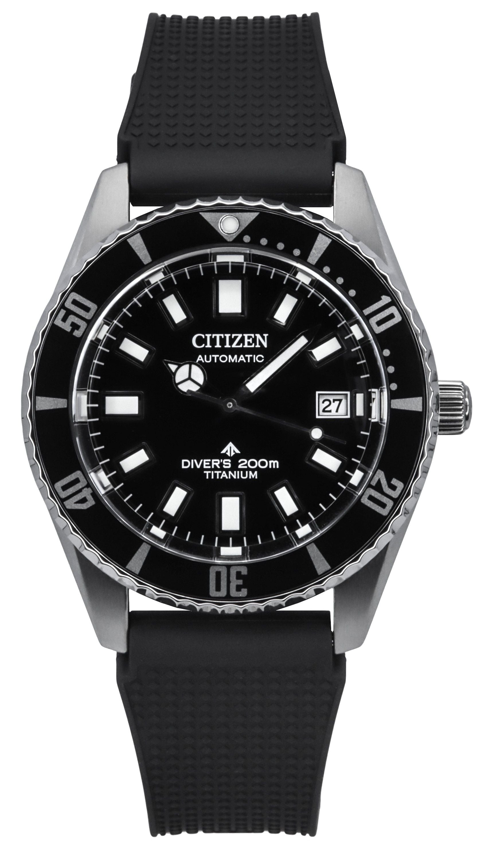Citizen Promaster Fujitsubo Super Titanium Polyurethane. A brand-new Citizen Promaster watch featuring a Black dial and a Polyurethane (PU) strap. Side view.