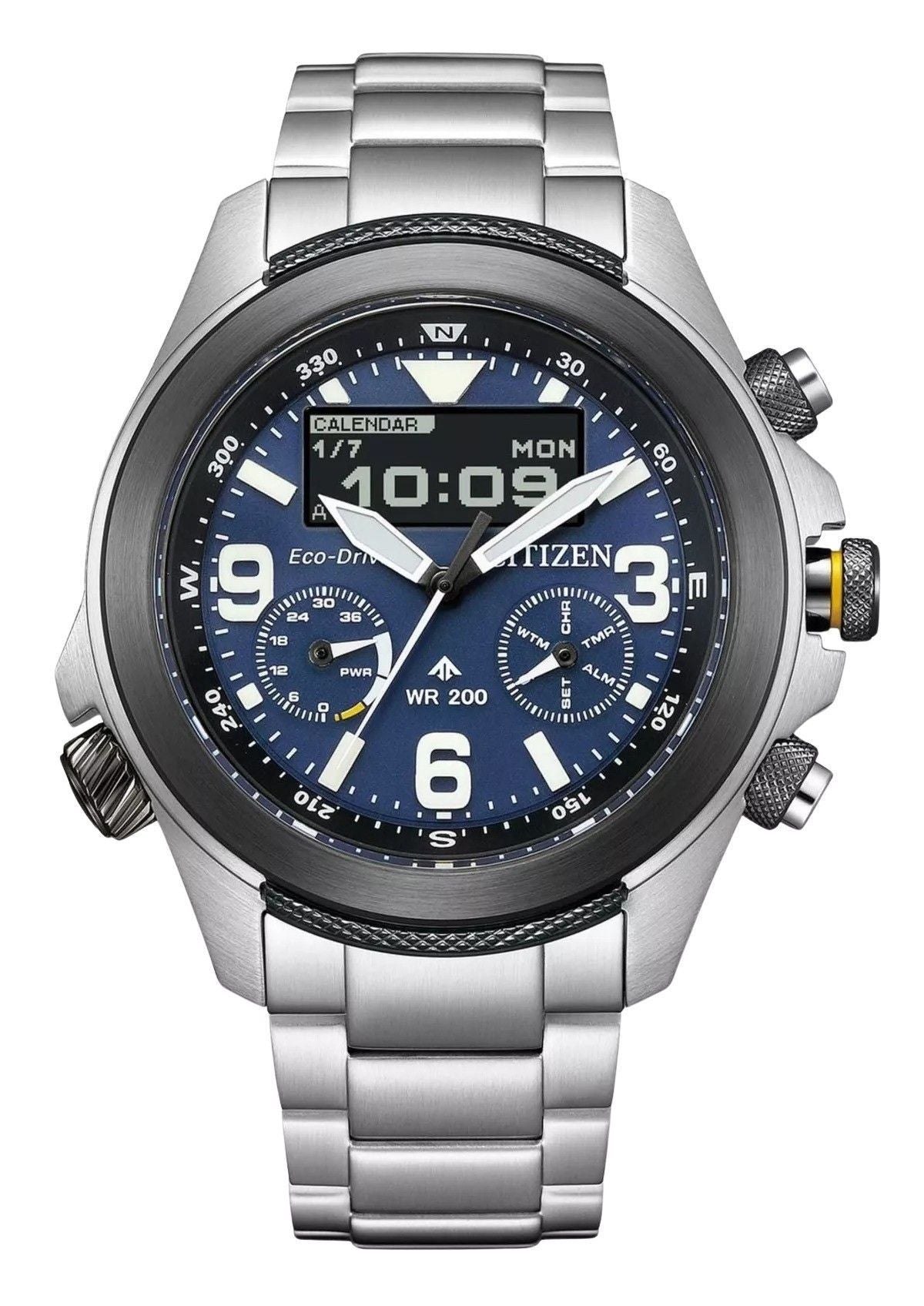 Citizen Promaster Land 35th Anniversary Chronograph Blue. A brand-new Citizen Promaster watch featuring a Blue dial. Front view.