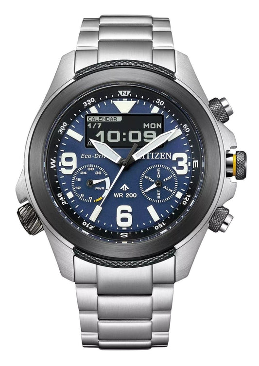 Citizen Promaster Land 35th Anniversary Chronograph Blue. A brand-new Citizen Promaster watch featuring a Blue dial. Front view.