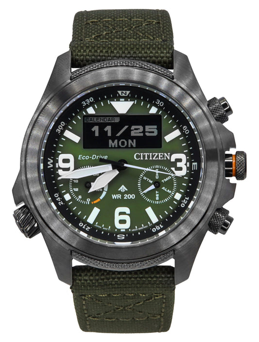 Citizen Promaster Land 35th Anniversary Chronograph Green. A brand-new Citizen Promaster watch featuring a Green dial. Angled view.