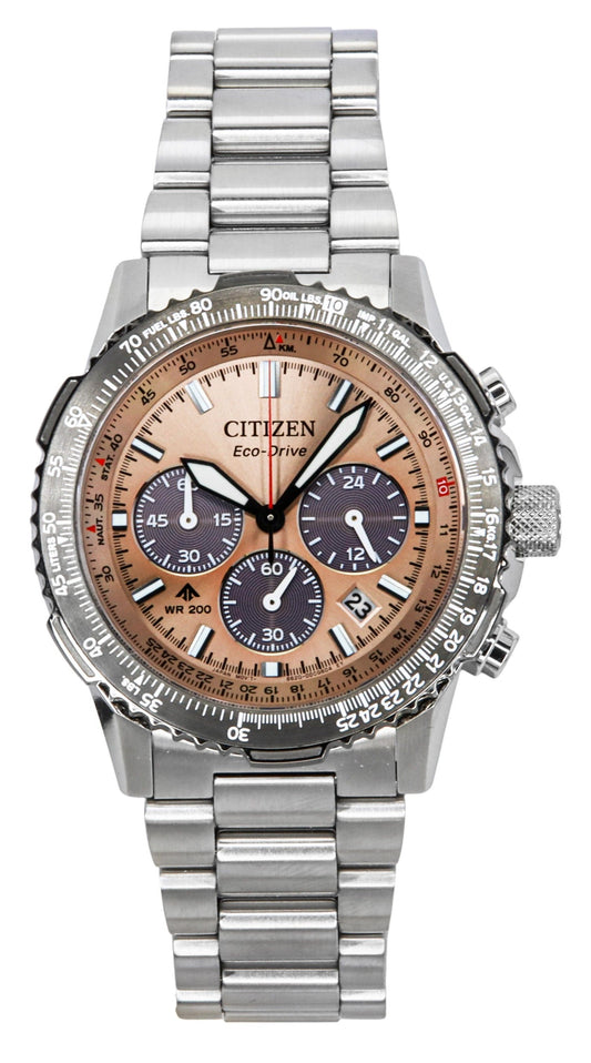 Citizen Promaster Sky Chronograph Stainless Steel Brown. A brand-new Citizen Promaster watch featuring a Stainless steel strap. Front view.