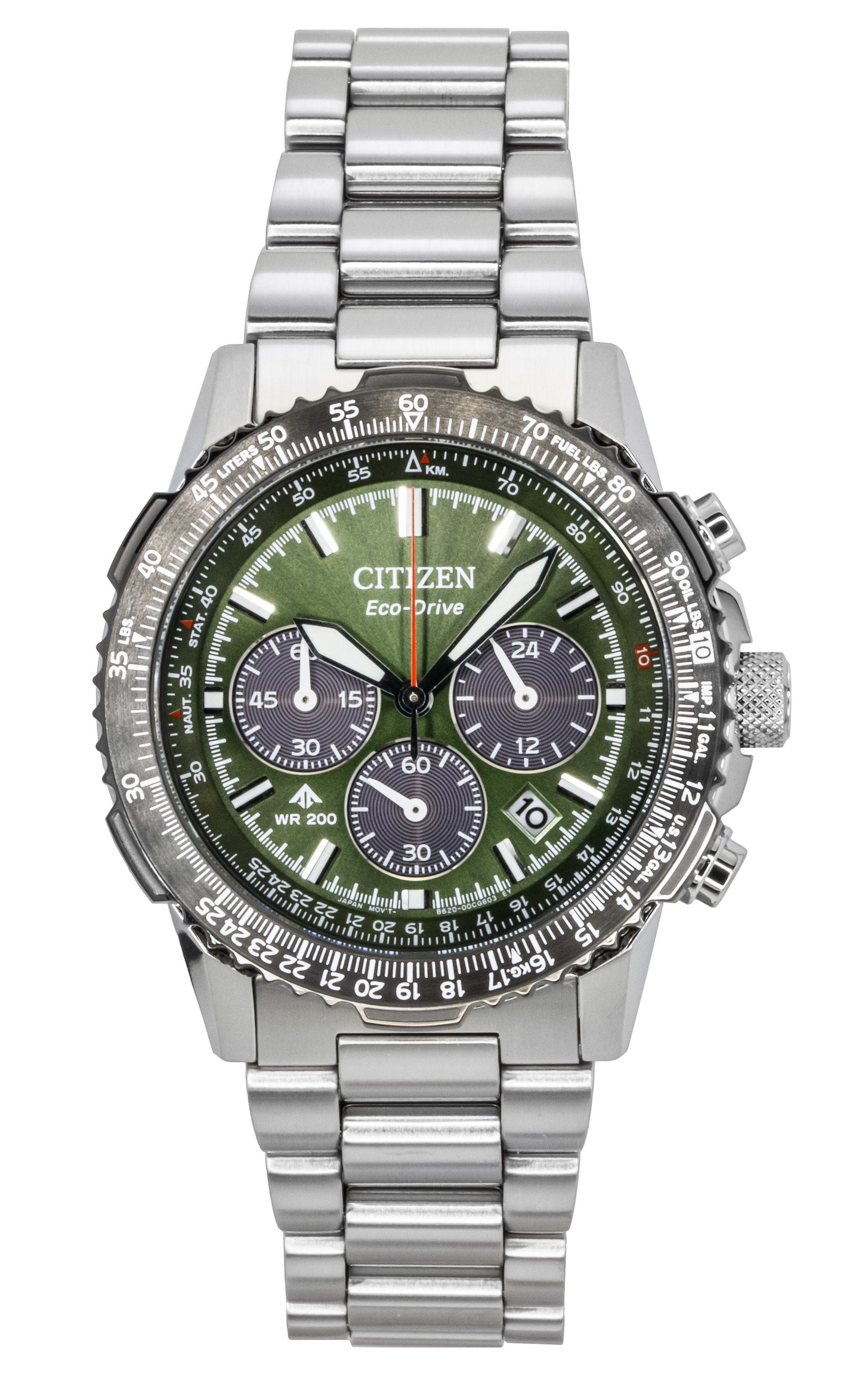Citizen Promaster Sky Chronograph Stainless Steel Green. A brand-new Citizen Promaster watch featuring a Green dial and a Stainless steel strap. Front view.