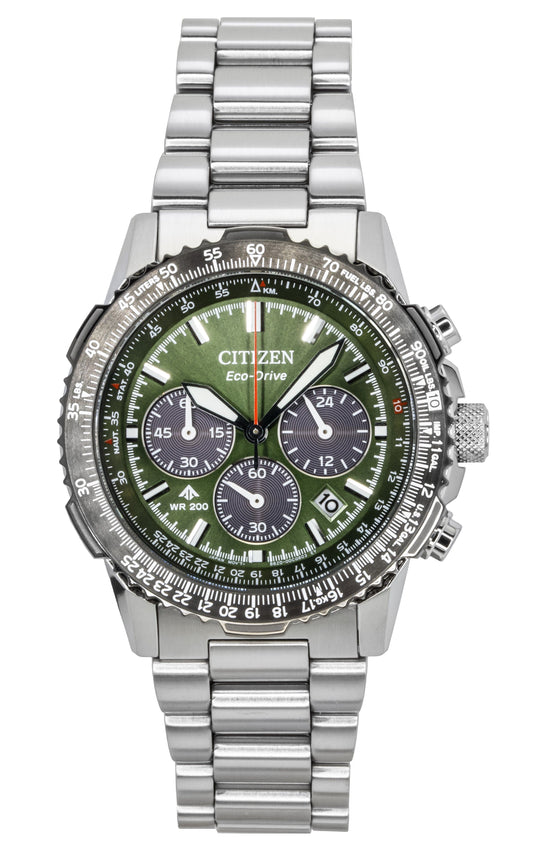 Citizen Promaster Sky Chronograph Stainless Steel Green. A brand-new Citizen Promaster watch featuring a Green dial and a Stainless steel strap. Front view.