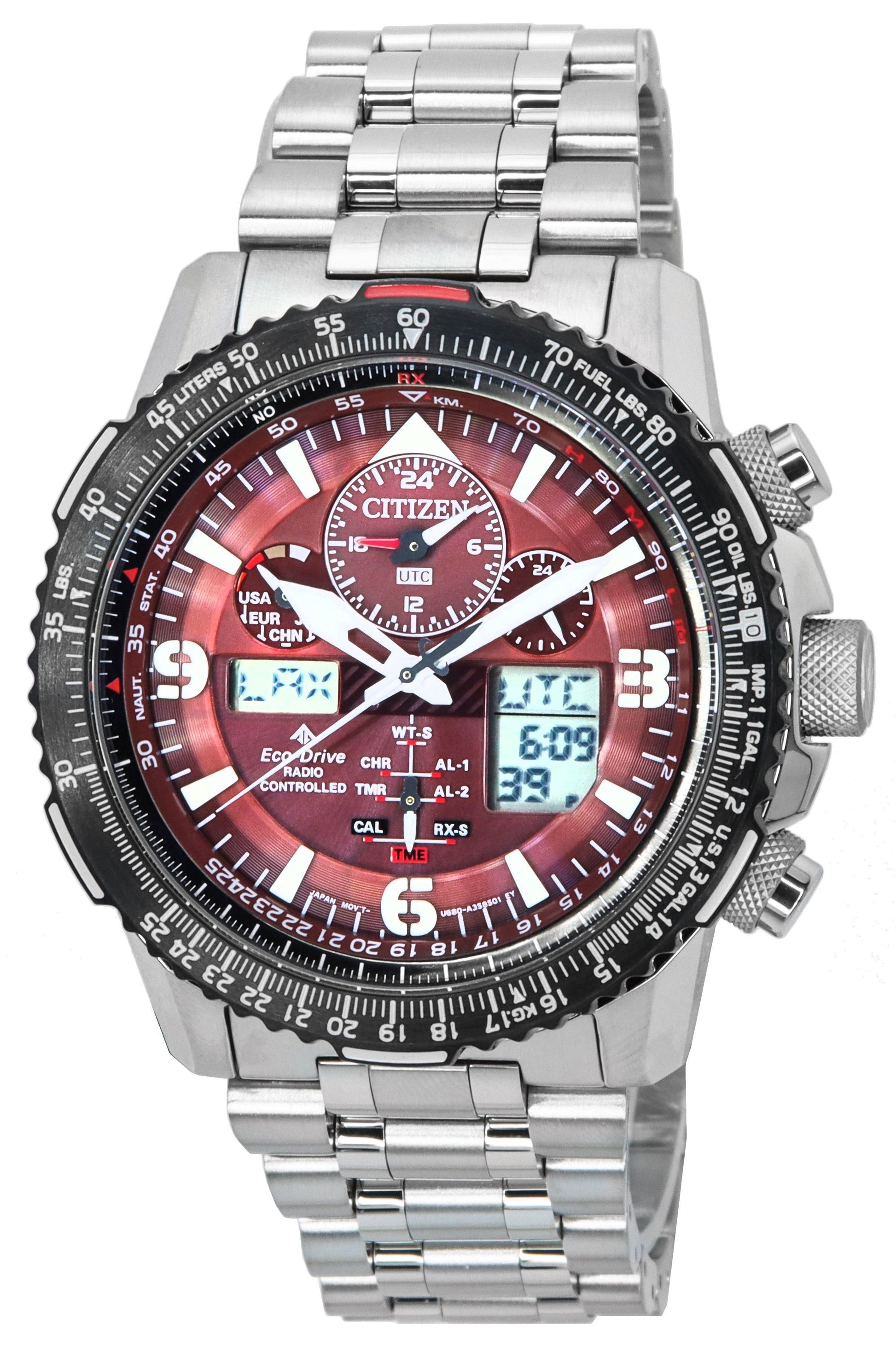 Citizen Promaster Skyhawk Perpetual Calendar Red Dial. A brand-new Citizen Promaster watch featuring a Red dial and a Stainless steel strap. Side view.