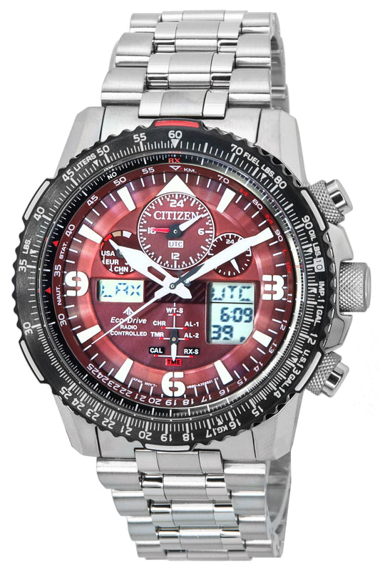 Citizen Promaster Skyhawk Perpetual Calendar Red Dial. A brand-new Citizen Promaster watch featuring a Red dial and a Stainless steel strap. Side view.