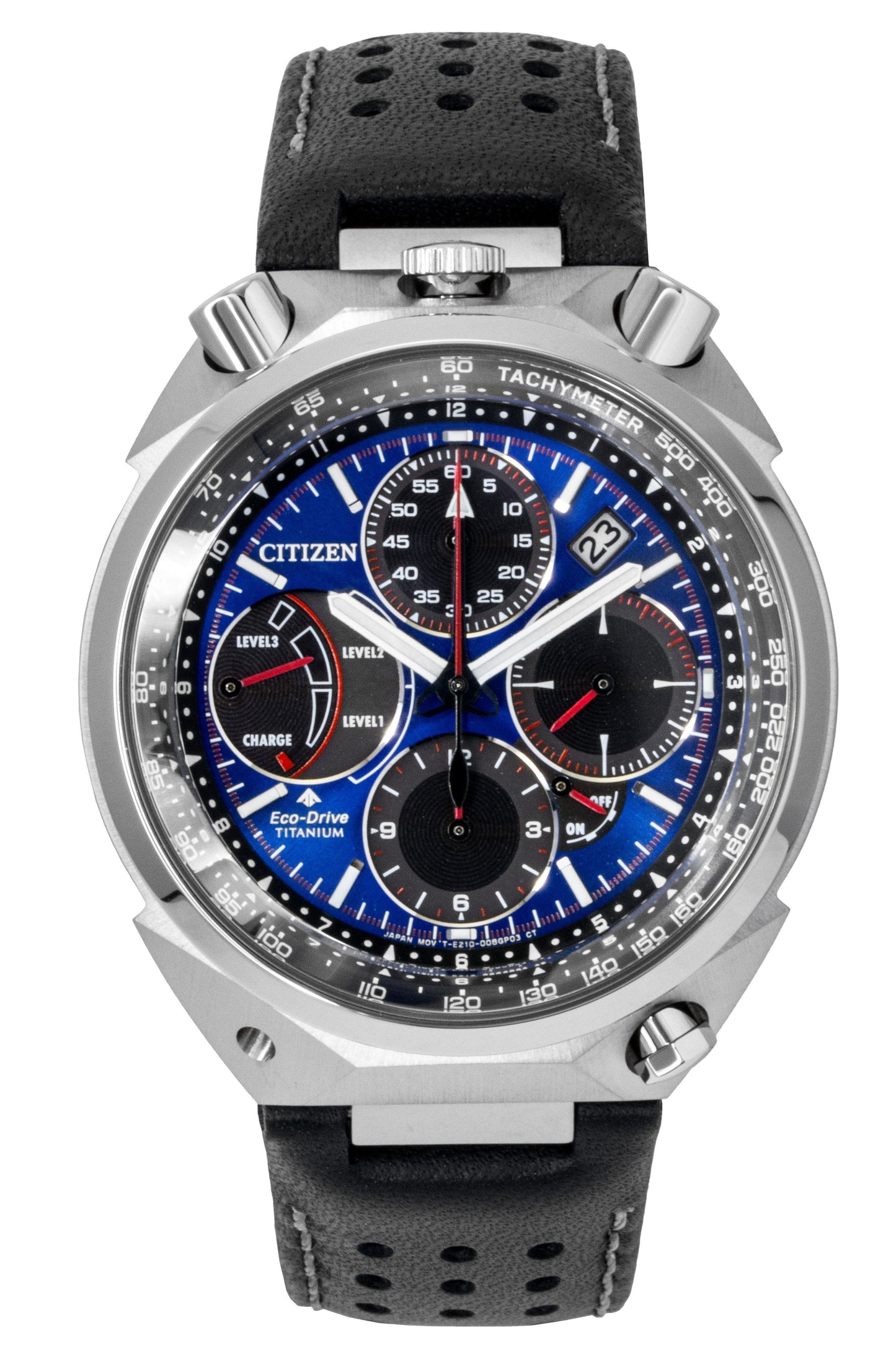 Citizen Promaster Tsuno Chronograph Racer Limited Edition. A brand-new Citizen Promaster watch featuring a Blue dial and a Titanium strap. Side view.