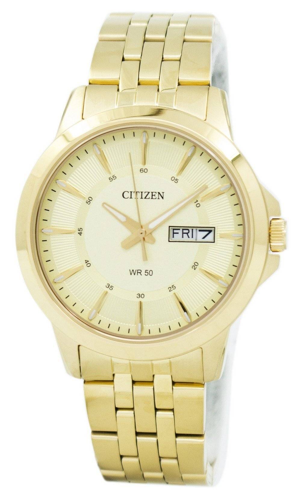 Citizen Quartz Stainless Steel Water Resistant. A brand-new Citizen watch featuring a Stainless steel strap. Side view.