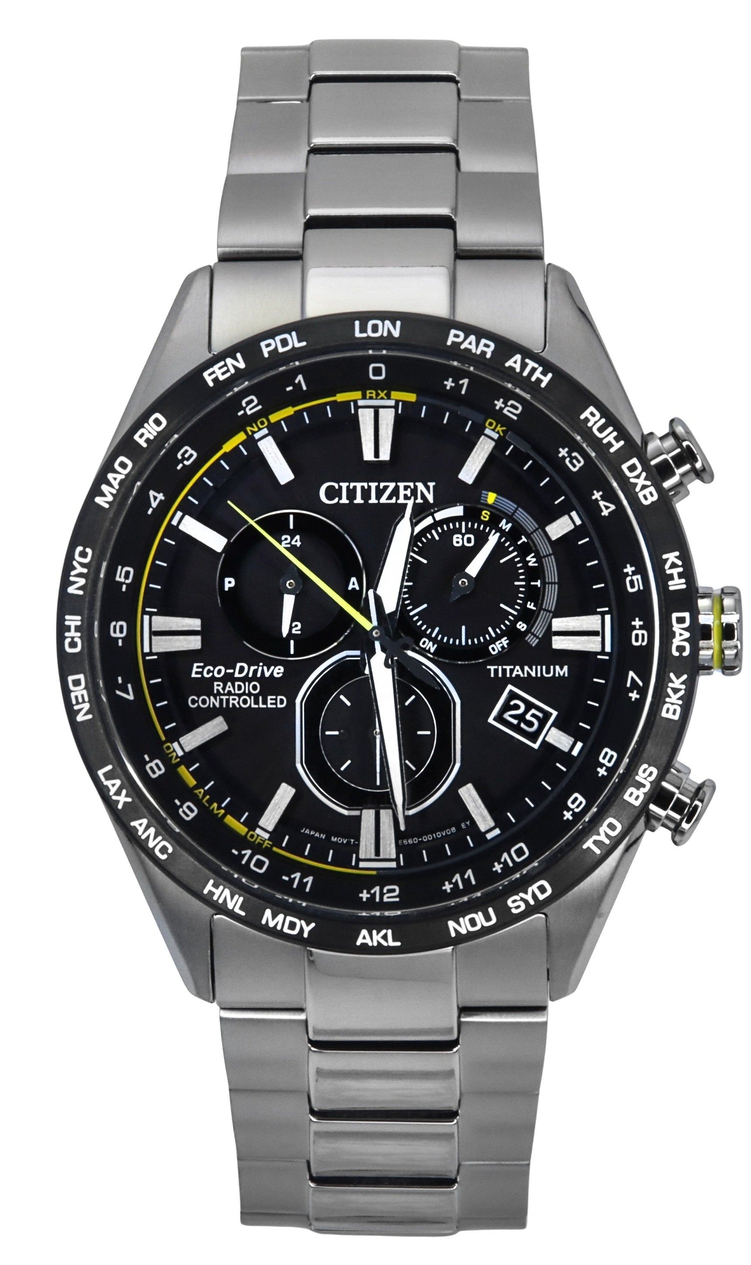 Citizen Radio Controlled Chronograph Super Titanium Black. A brand-new Citizen Eco-Drive watch featuring a Black dial and a Titanium strap. Side view.