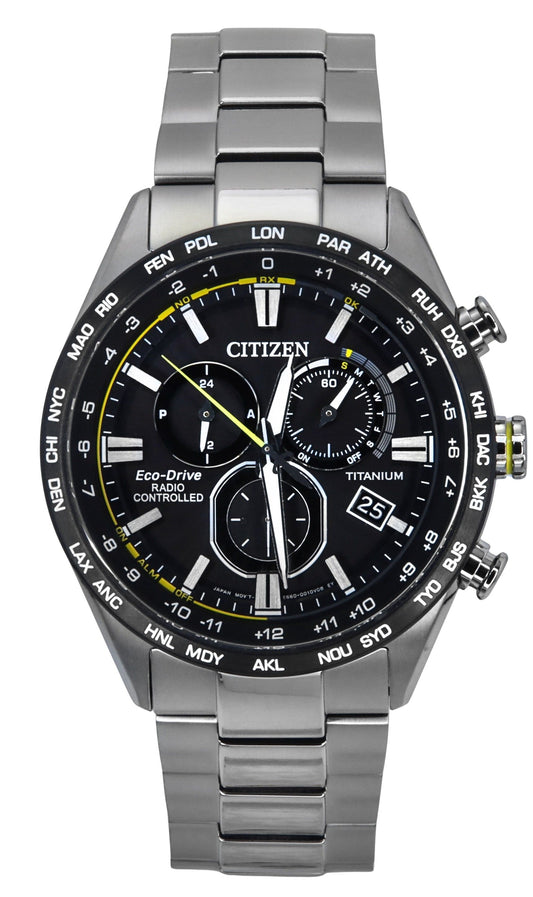 Citizen Radio Controlled Chronograph Super Titanium Black. A brand-new Citizen Eco-Drive watch featuring a Black dial and a Titanium strap. Side view.