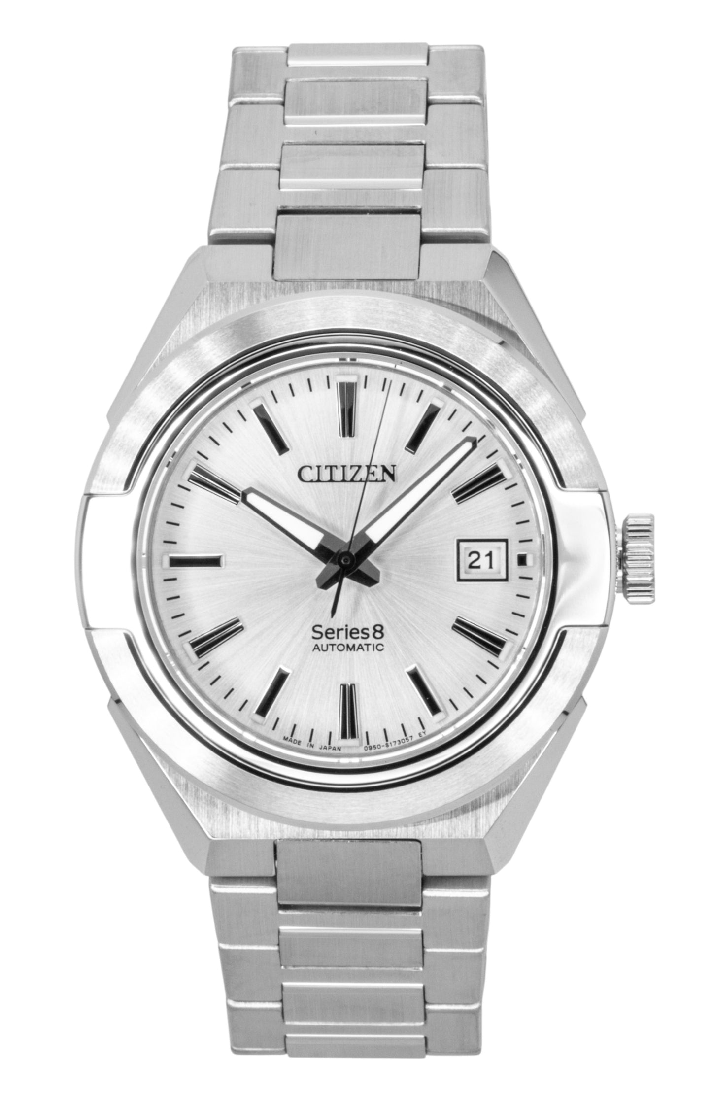 Citizen Series 8 Stainless Steel Silver Dial Automatic 100M. A brand-new Citizen Series 8 watch featuring a Silver dial and a Stainless steel strap. Angled view.