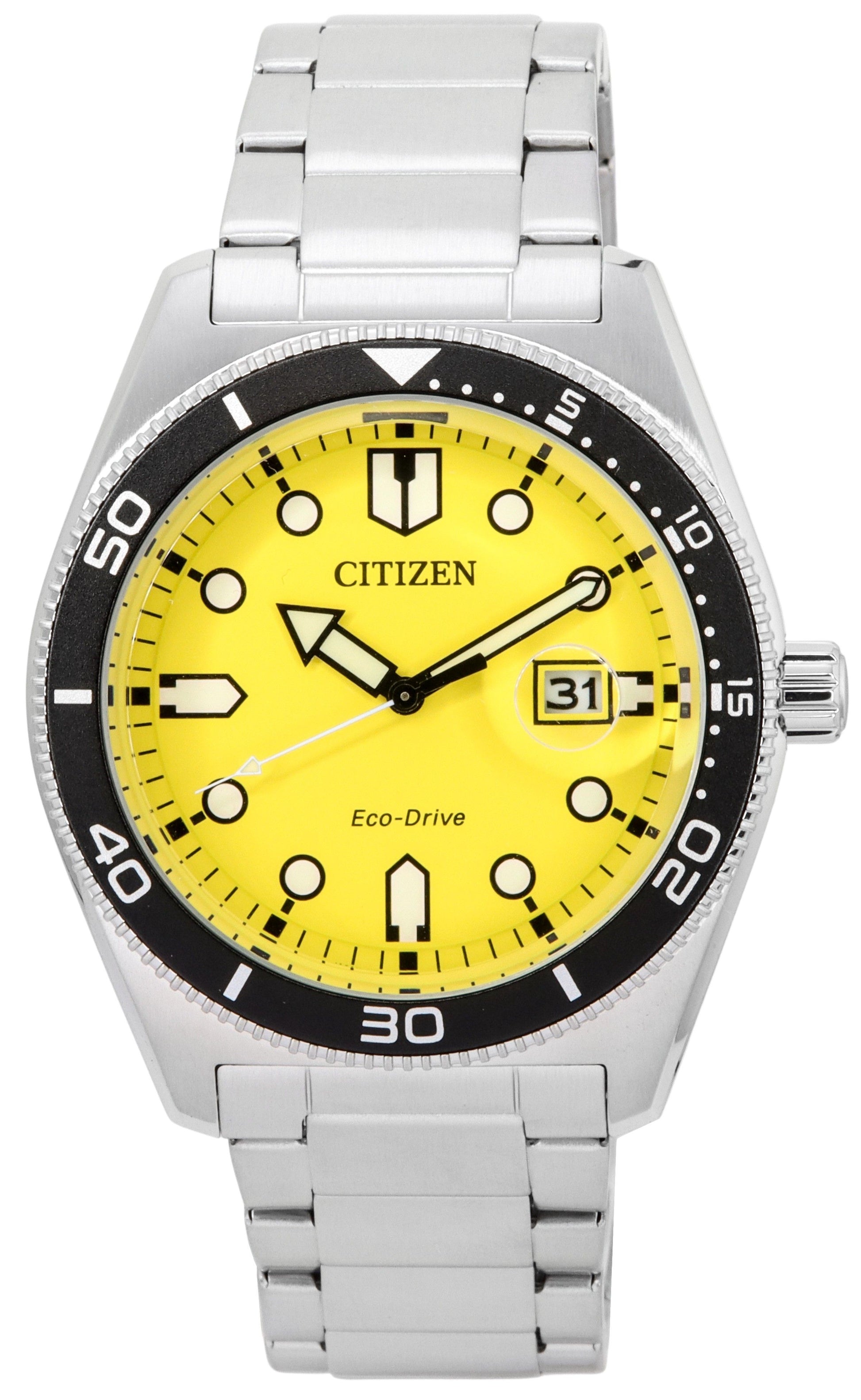 Citizen Sport Eco-Drive Stainless Steel Yellow Dial 100M. A brand-new Citizen Eco-Drive watch featuring a Yellow dial and a Stainless steel strap. Front view.
