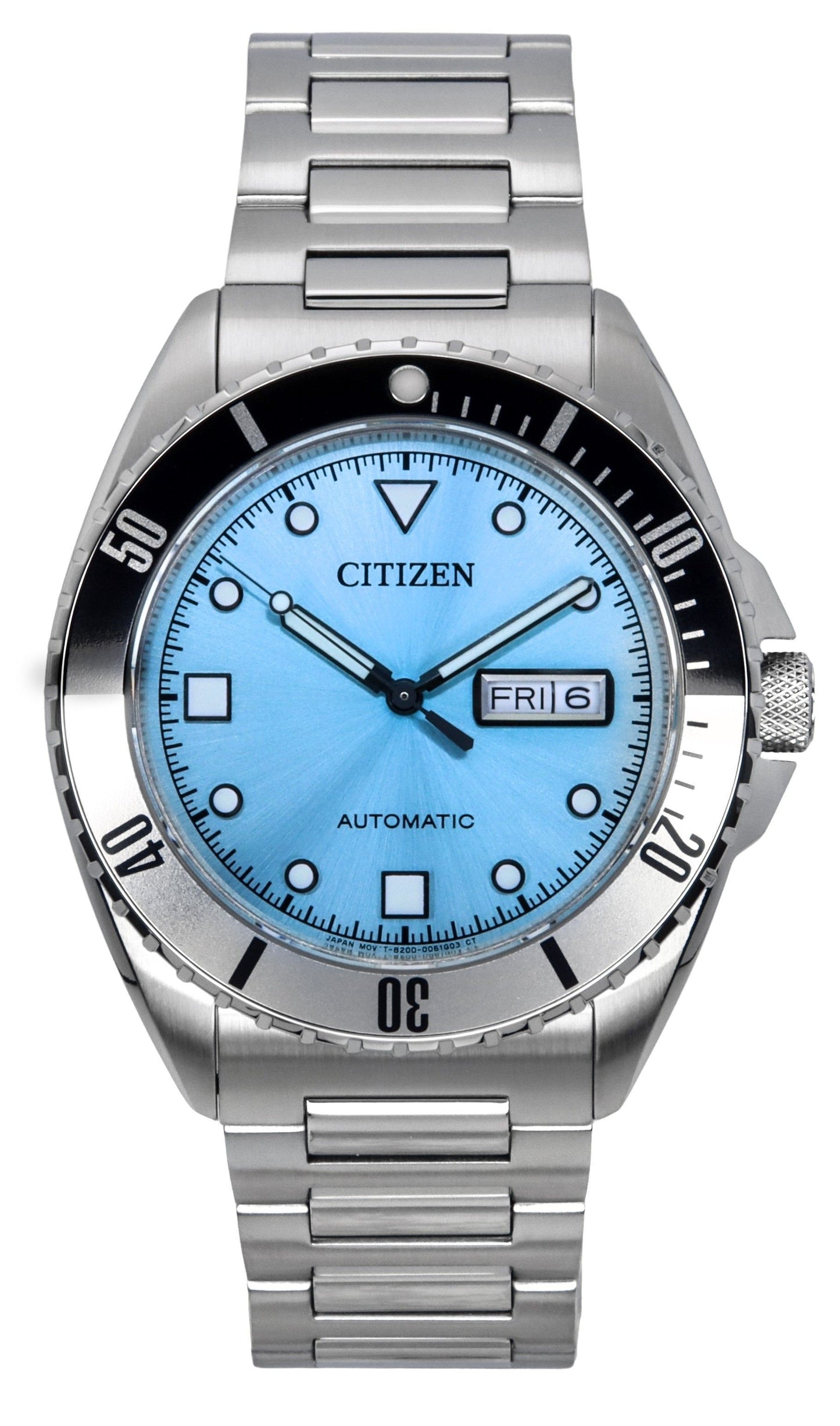 Citizen Sport Stainless Steel Light Blue Dial Automatic 100M. A brand-new Citizen watch featuring a Blue dial and a Stainless steel strap. Angled view.