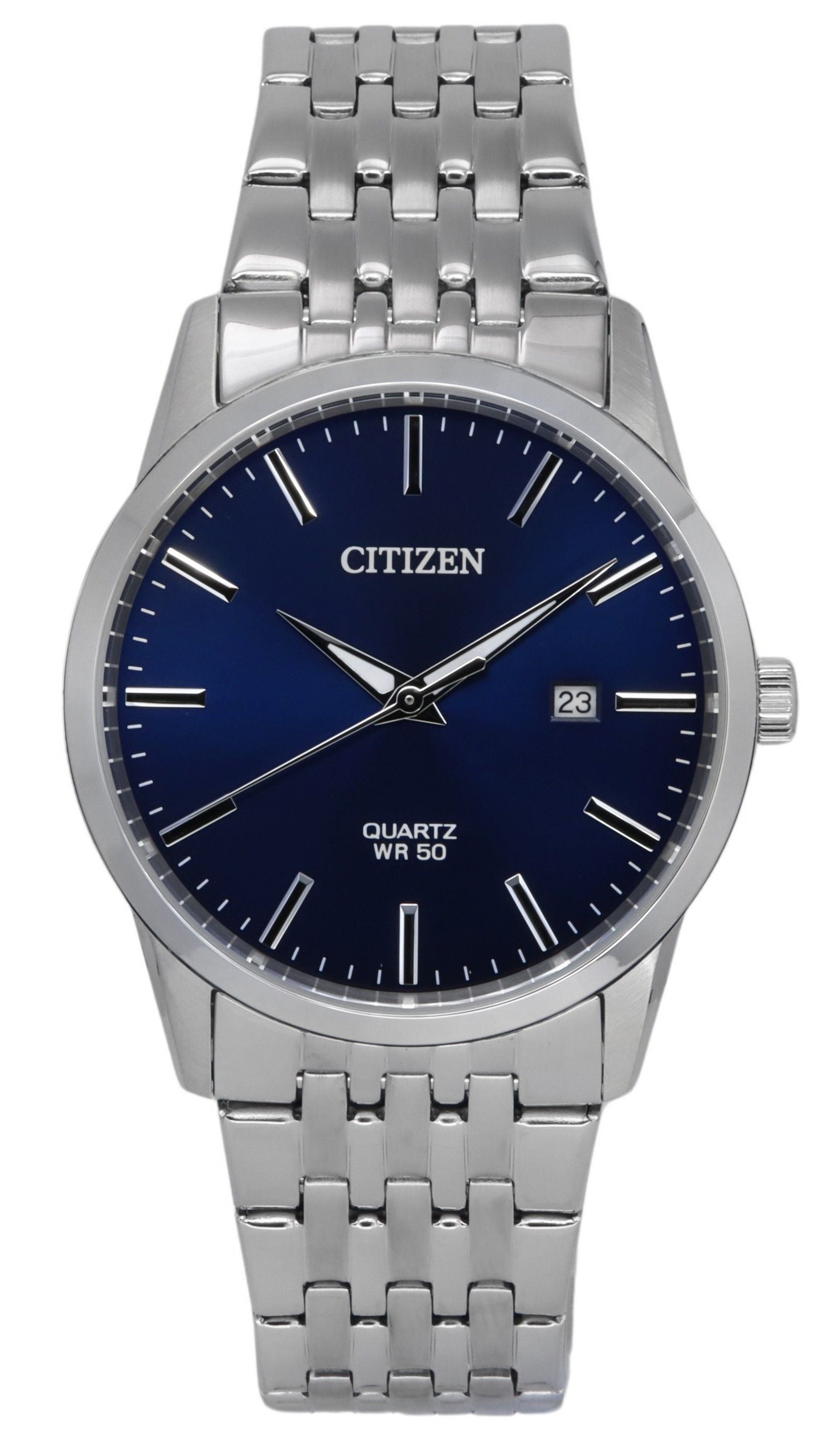 Citizen Stainless Steel Bracelet Midnight Blue Dial Quartz. A brand-new Citizen watch featuring a Blue dial and a Stainless steel strap. Front view.