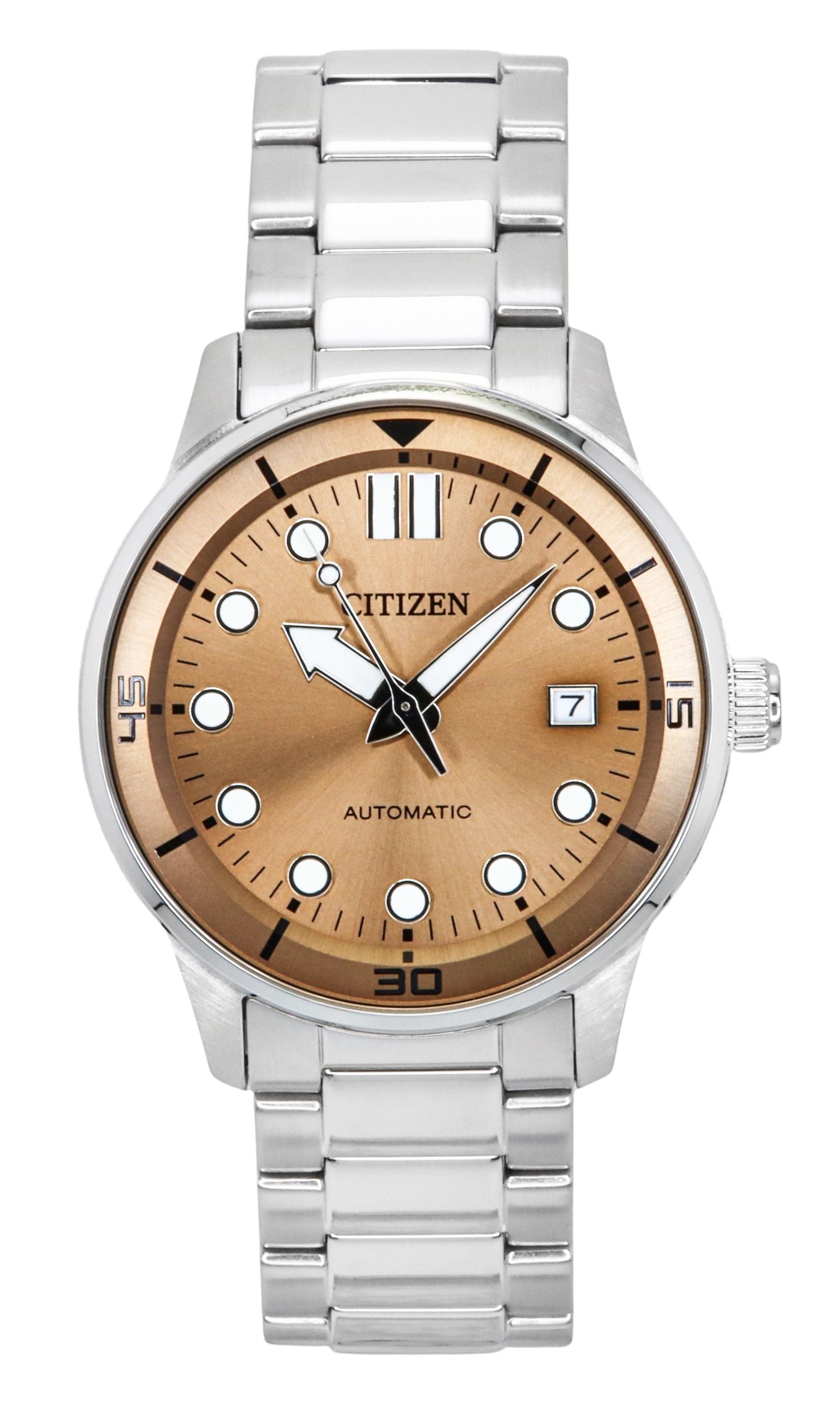 Citizen Stainless Steel Bronze Dial Automatic 100M. A brand-new Citizen watch featuring a Bronze dial and a Stainless steel strap. Front view.