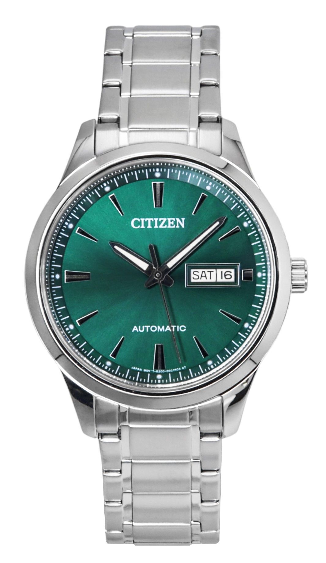 Citizen Stainless Steel Green Dial Automatic Water Resistant. A brand-new Citizen watch featuring a Green dial and a Stainless steel strap. Angled view.