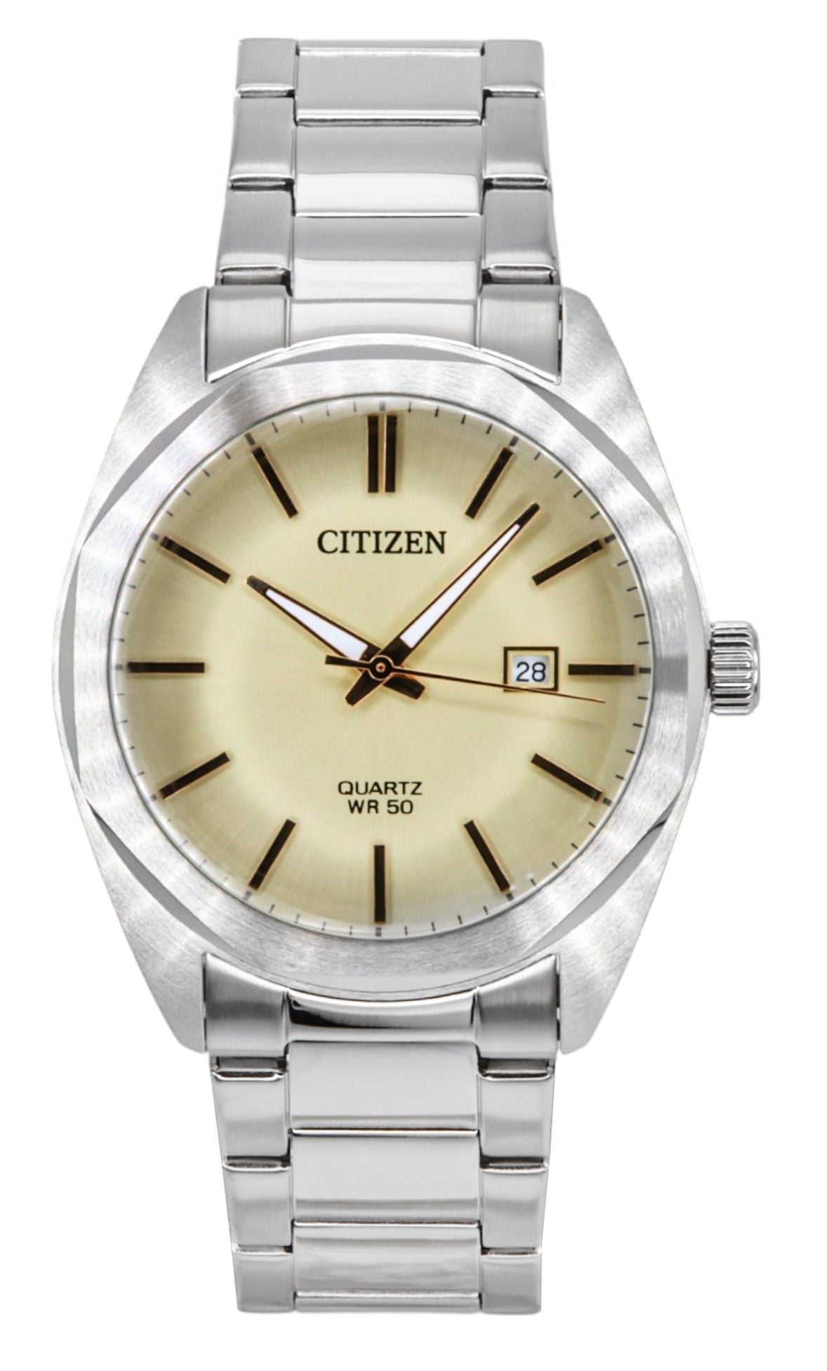 Citizen Stainless Steel Ivory Dial Quartz Water Resistant. A brand-new Citizen watch featuring a Ivory dial and a Stainless steel strap. Front view.