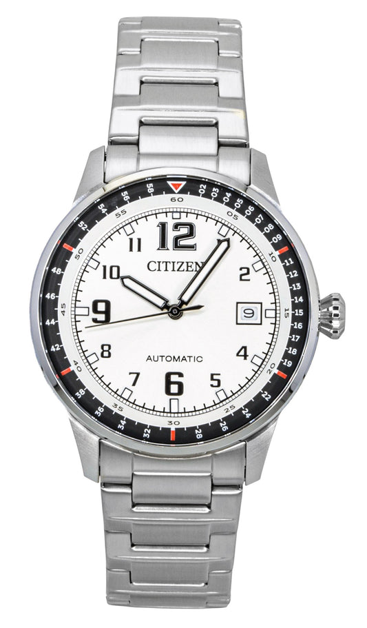 Citizen Stainless Steel White Dial Automatic 100M. A brand-new Citizen watch featuring a White dial and a Stainless steel strap. Side view.