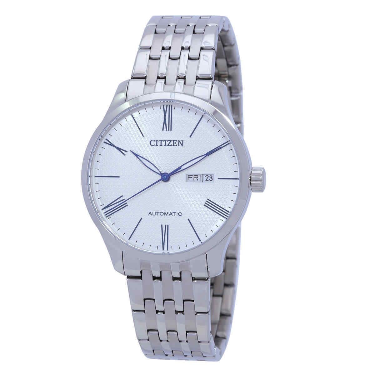 Citizen Stainless Steel White Dial Automatic Water Resistant. A brand-new Citizen watch featuring a White dial and a Stainless steel strap. Side view.