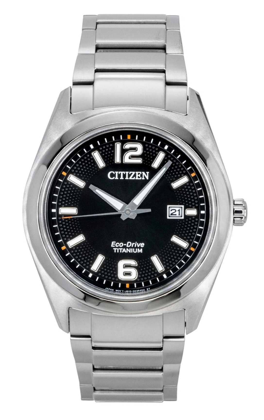 Citizen Super Titanium Black Dial Eco Drive Water Resistant. A brand-new Citizen watch featuring a Black dial and a Titanium strap. Front view.