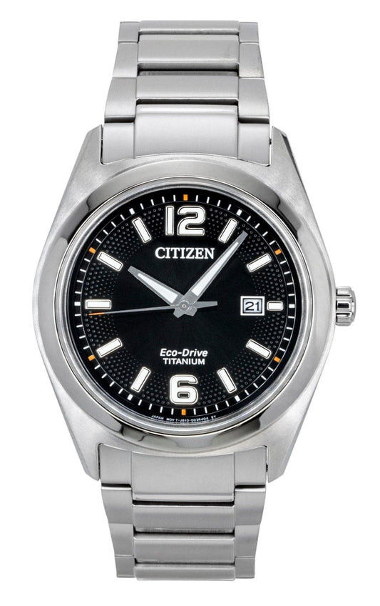 Citizen Super Titanium Black Dial Eco Drive Water Resistant. A brand-new Citizen watch featuring a Black dial and a Titanium strap. Front view.