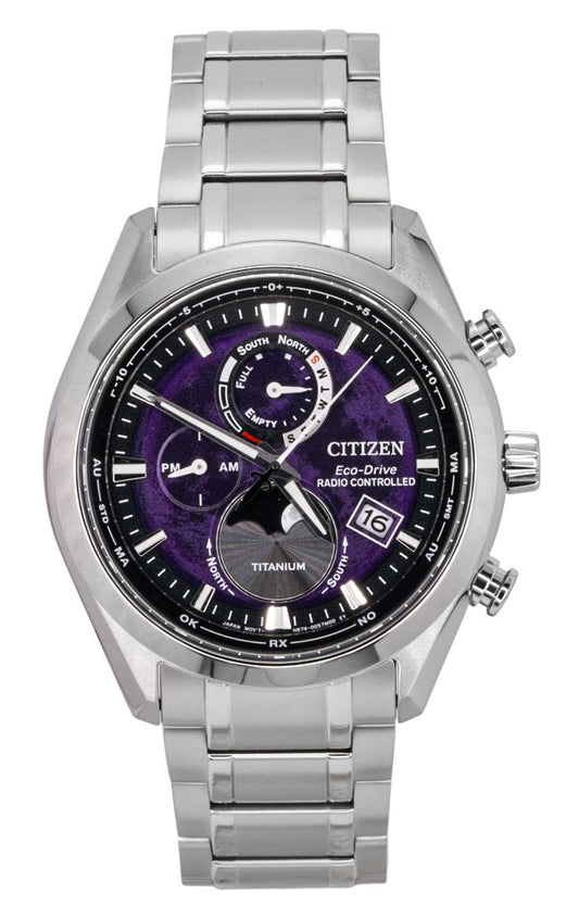 Citizen Tsuki-yomi A-T Moon Phase Titanium Purple Dial. A brand-new Citizen Eco-Drive watch featuring a Purple dial and a Titanium strap. Angled view.