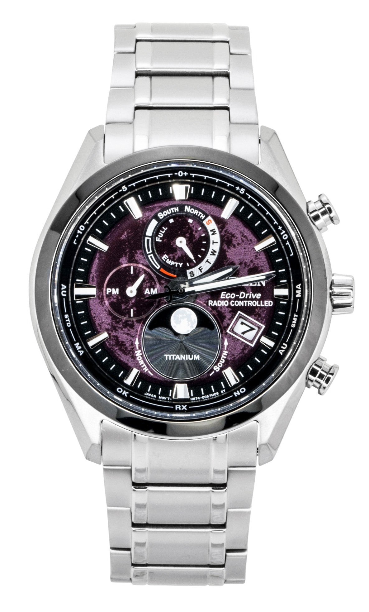 Citizen Tsuki-Yomi Radio-Controlled Moon Phase Super. A brand-new Citizen watch featuring a Red dial and a Titanium strap. Front view.