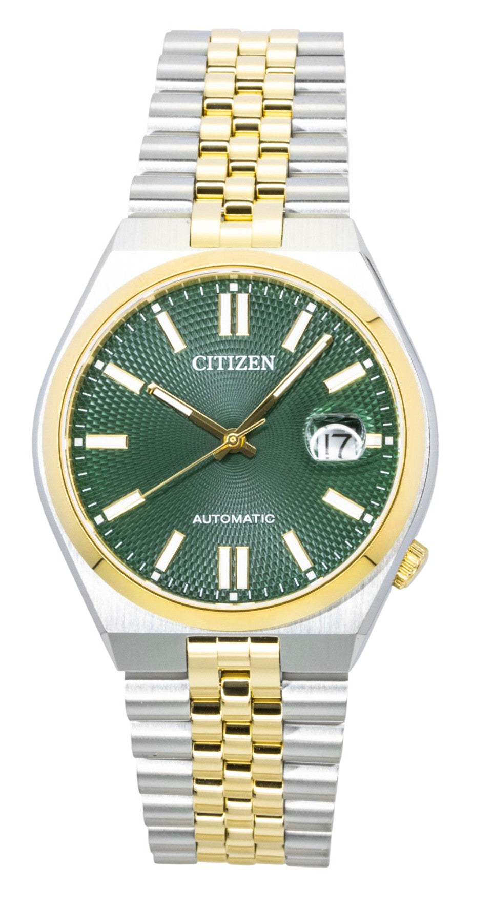 Citizen Tsuyosa 60 Two Tone Stainless Steel Green Dial. A brand-new Citizen Tsuyosa watch featuring a Green dial and a Stainless steel strap. Side view.
