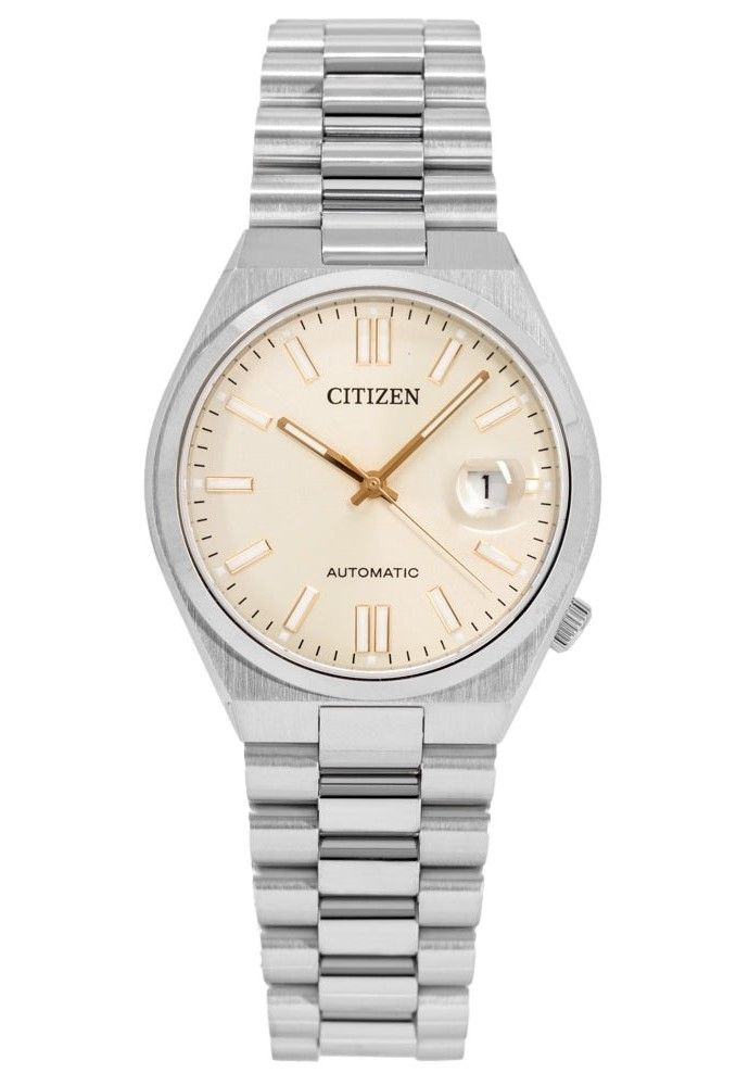 Citizen Tsuyosa Stainless Steel Beige Dial Automatic. A brand-new Citizen Tsuyosa watch featuring a Beige dial and a Stainless steel strap. Angled view.