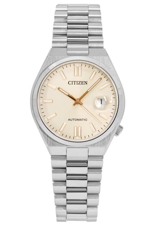 Citizen Tsuyosa Stainless Steel Beige Dial Automatic. A brand-new Citizen Tsuyosa watch featuring a Beige dial and a Stainless steel strap. Angled view.