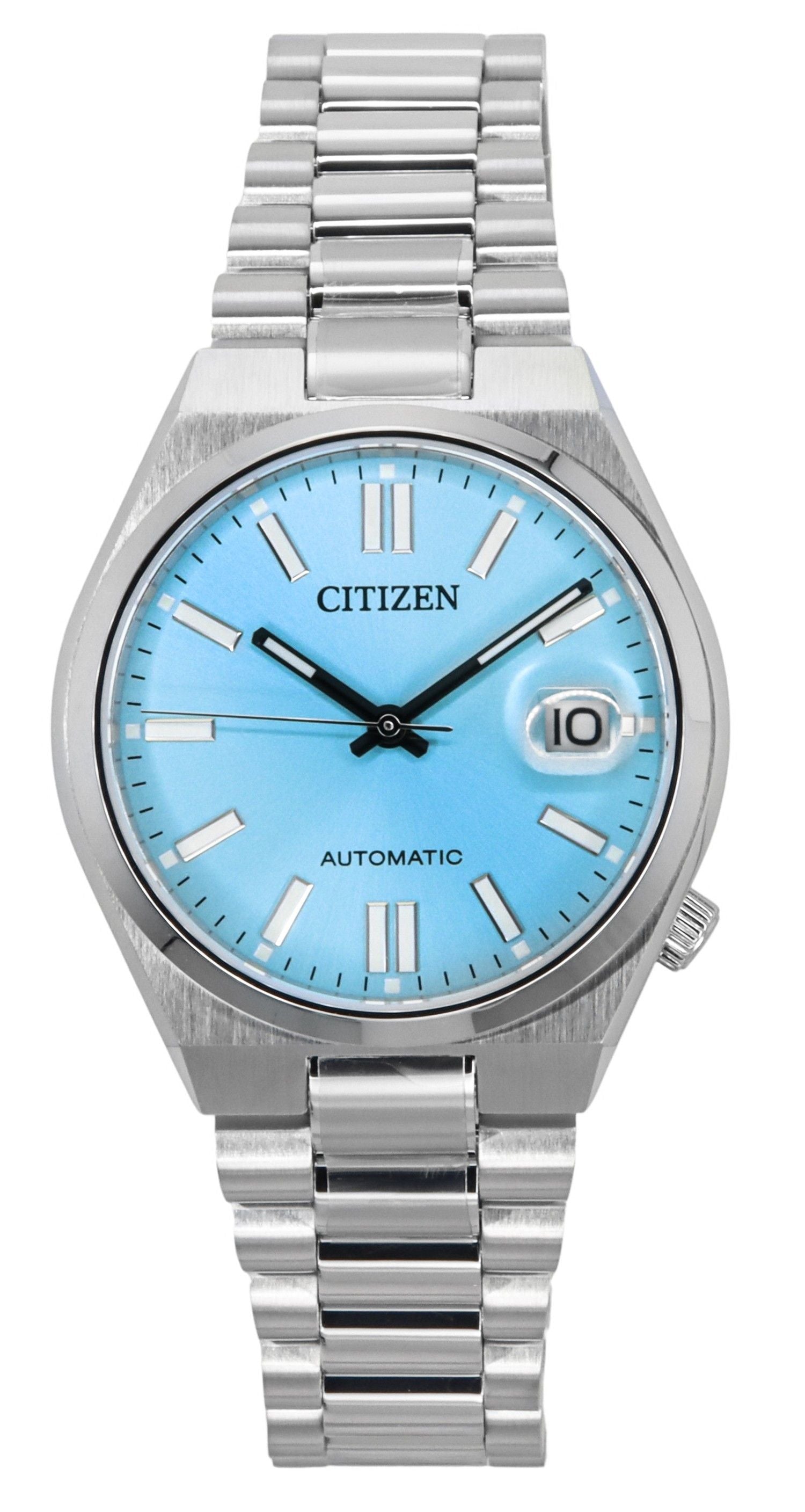 Citizen Tsuyosa Stainless Steel Light Blue Dial Automatic. A brand-new Citizen Tsuyosa watch featuring a Blue dial and a Stainless steel strap. Angled view.