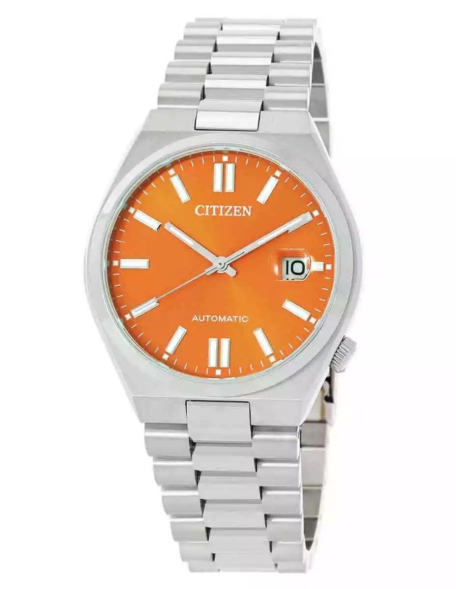 Citizen Tsuyosa Stainless Steel Orange Dial Automatic. A brand-new Citizen Tsuyosa watch featuring a Orange dial and a Stainless steel strap. Side view.