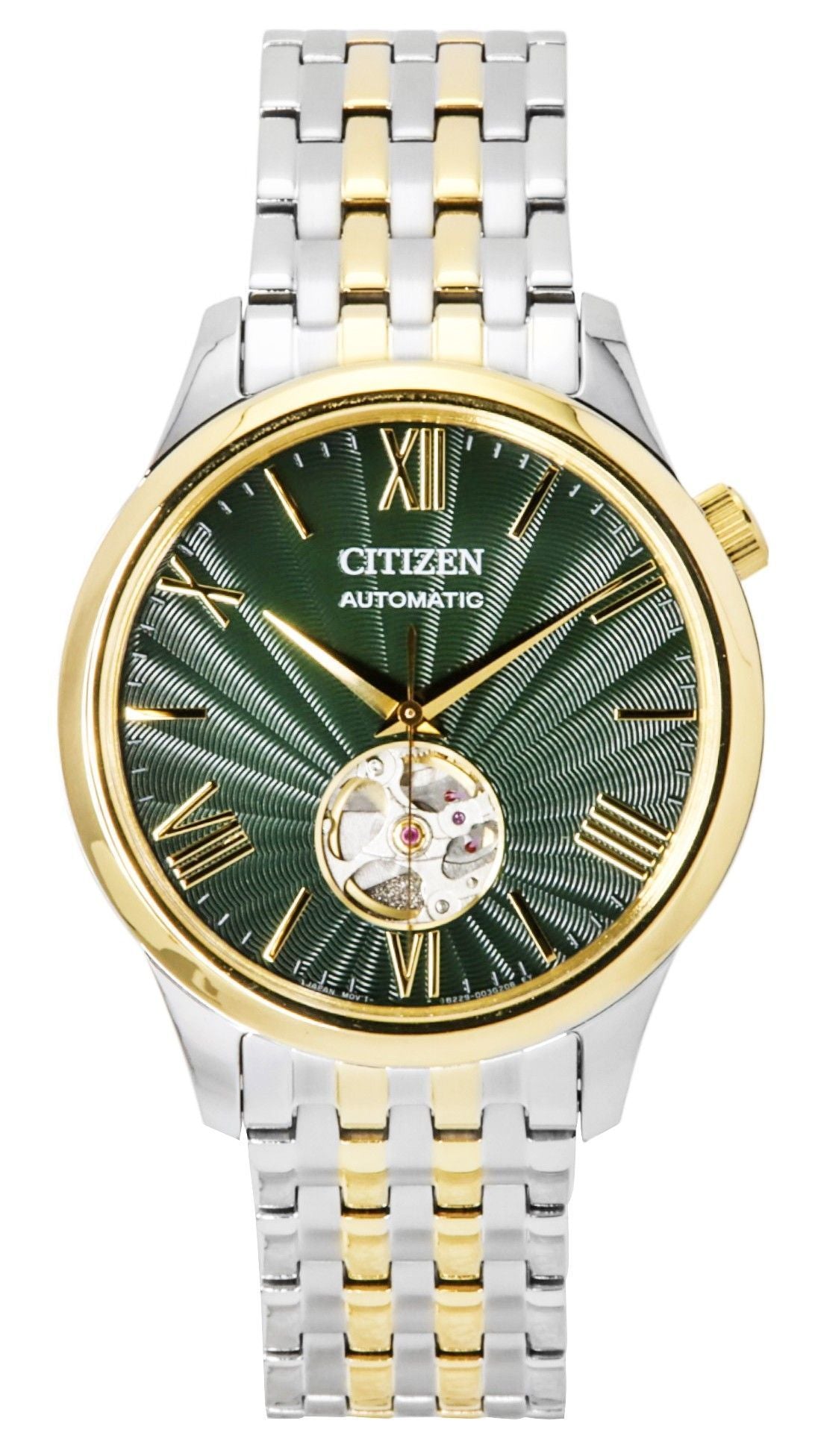 Citizen Two Tone Stainless Steel Open Heart Green Dial. A brand-new Citizen watch featuring a Green dial and a Stainless steel strap. Side view.