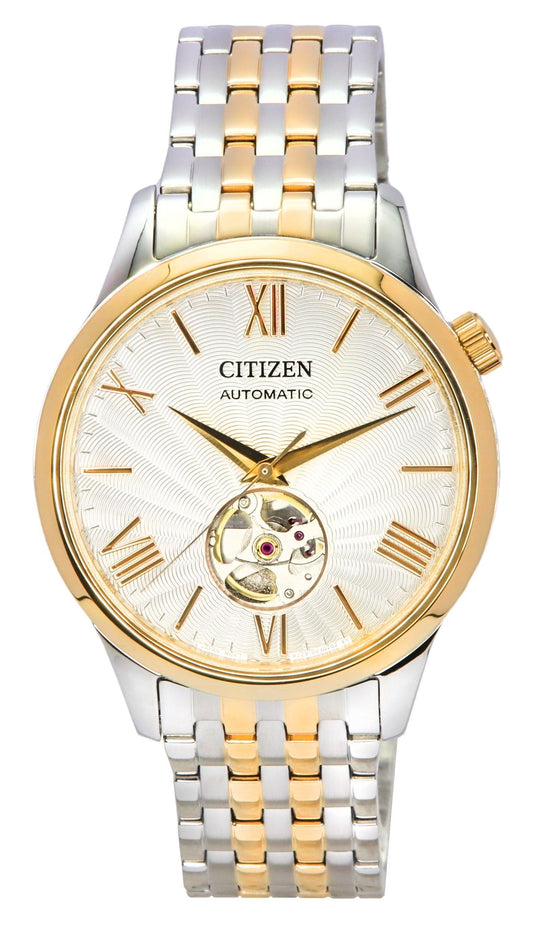 Citizen Two Tone Stainless Steel Open Heart White Dial. A brand-new Citizen watch featuring a White dial and a Stainless steel strap. Front view.