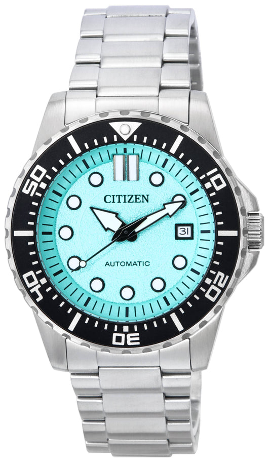 Citizen Urban Mechanical Stainless Steel Aqua Blue Dial. A brand-new Citizen watch featuring a Aqua Blue dial and a Stainless steel strap. Angled view.