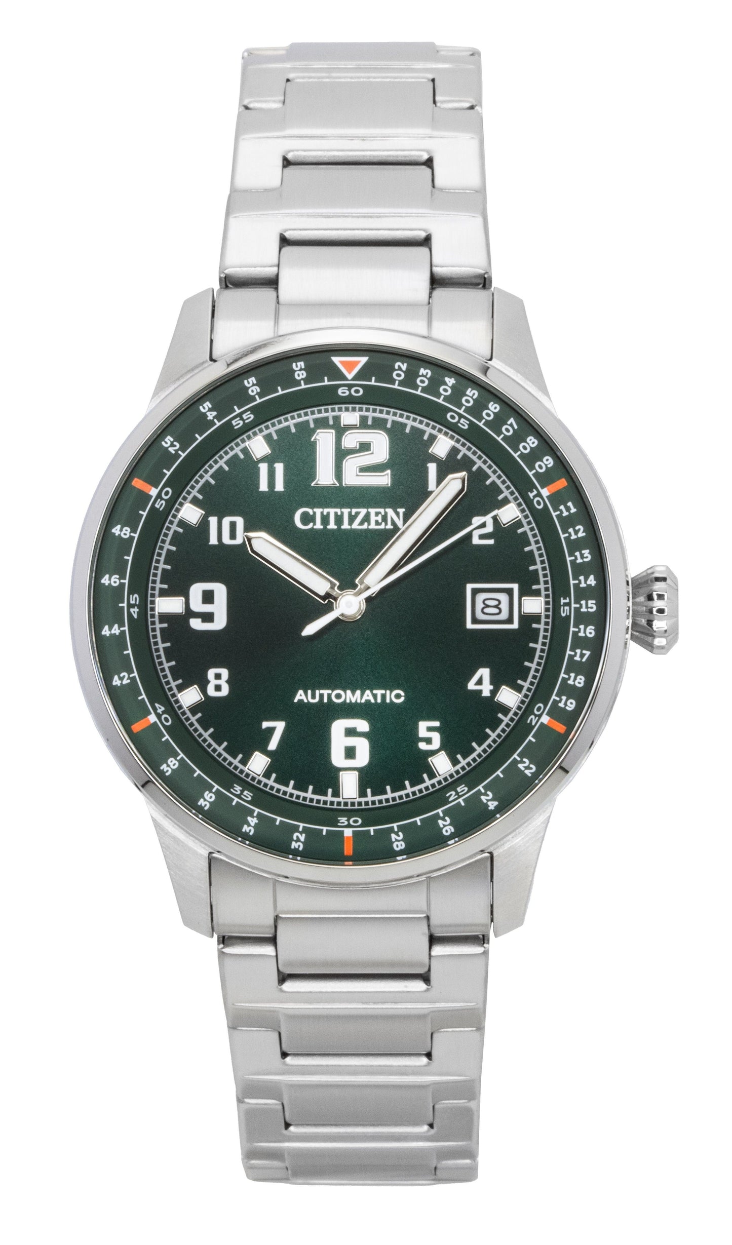 Citizen Urban Military Stainless Steel Green Dial Automatic. A brand-new Citizen watch featuring a Green dial and a Stainless steel strap. Side view.