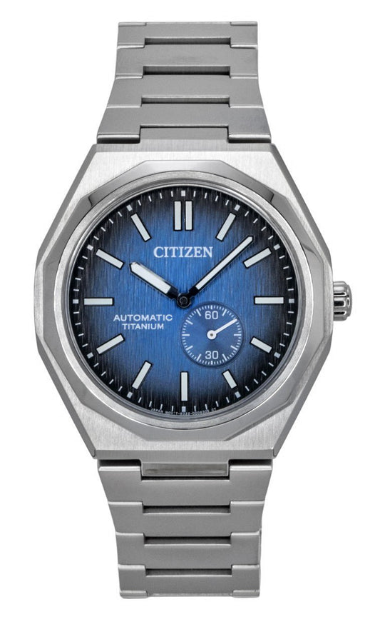 Citizen Zenshin 60 Super Titanium Dark Blue Dial Automatic. A brand-new Citizen Zenshin watch featuring a Blue dial and a Titanium strap. Side view.