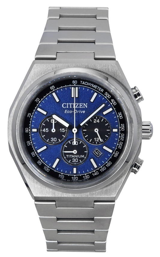 Citizen Zenshin Chronograph Super Titanium Blue Dial. A brand-new Citizen Eco-Drive watch featuring a Blue dial and a Titanium strap. Front view.