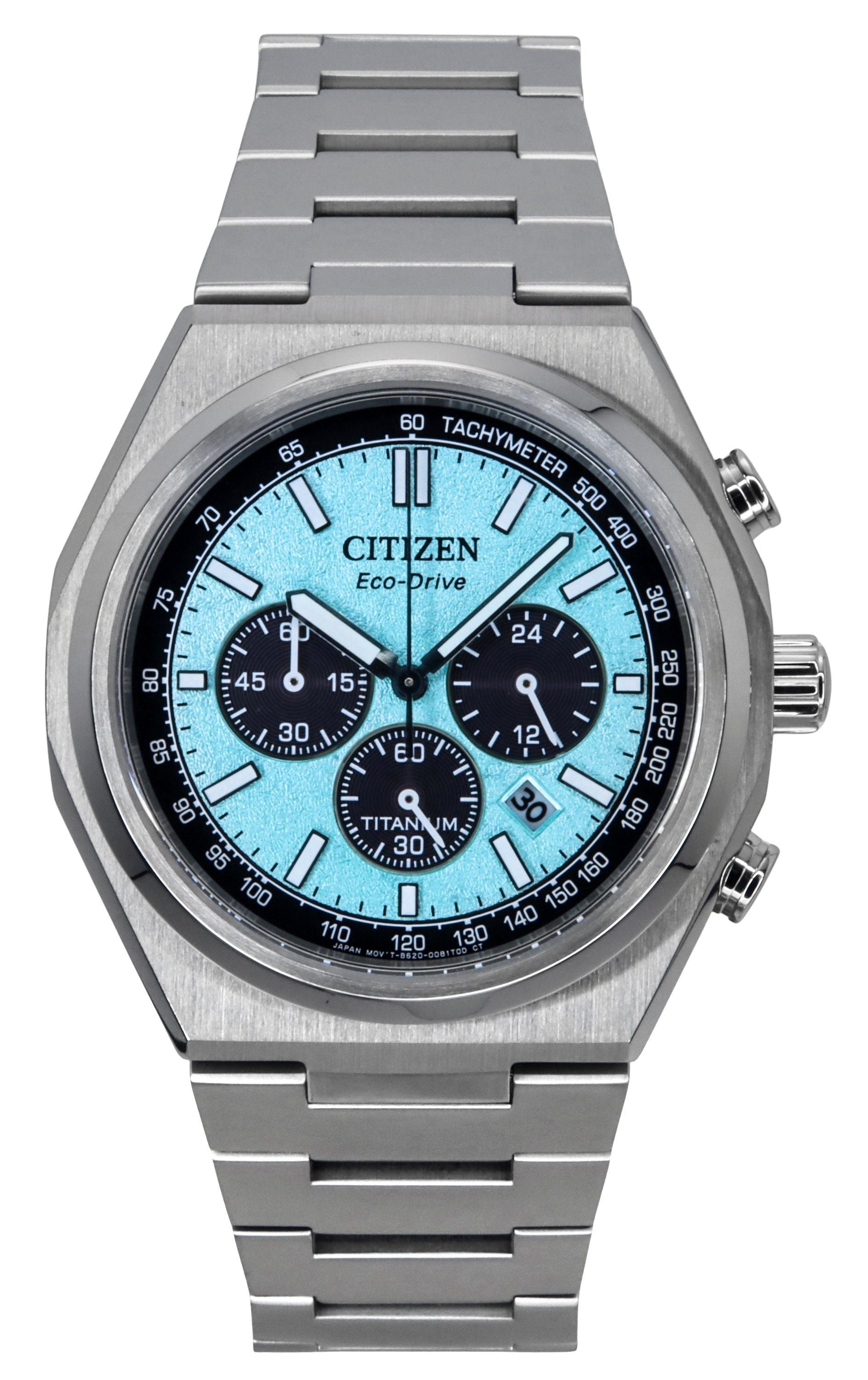 Citizen Zenshin Chronograph Super Titanium Ice Blue Dial. A brand-new Citizen Eco-Drive watch featuring a Blue dial and a Titanium strap. Side view.