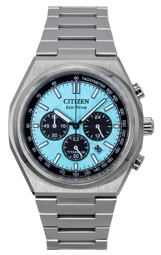 Citizen Zenshin Chronograph Super Titanium Ice Blue Dial. A brand-new Citizen Eco-Drive watch featuring a Blue dial and a Titanium strap. Side view.