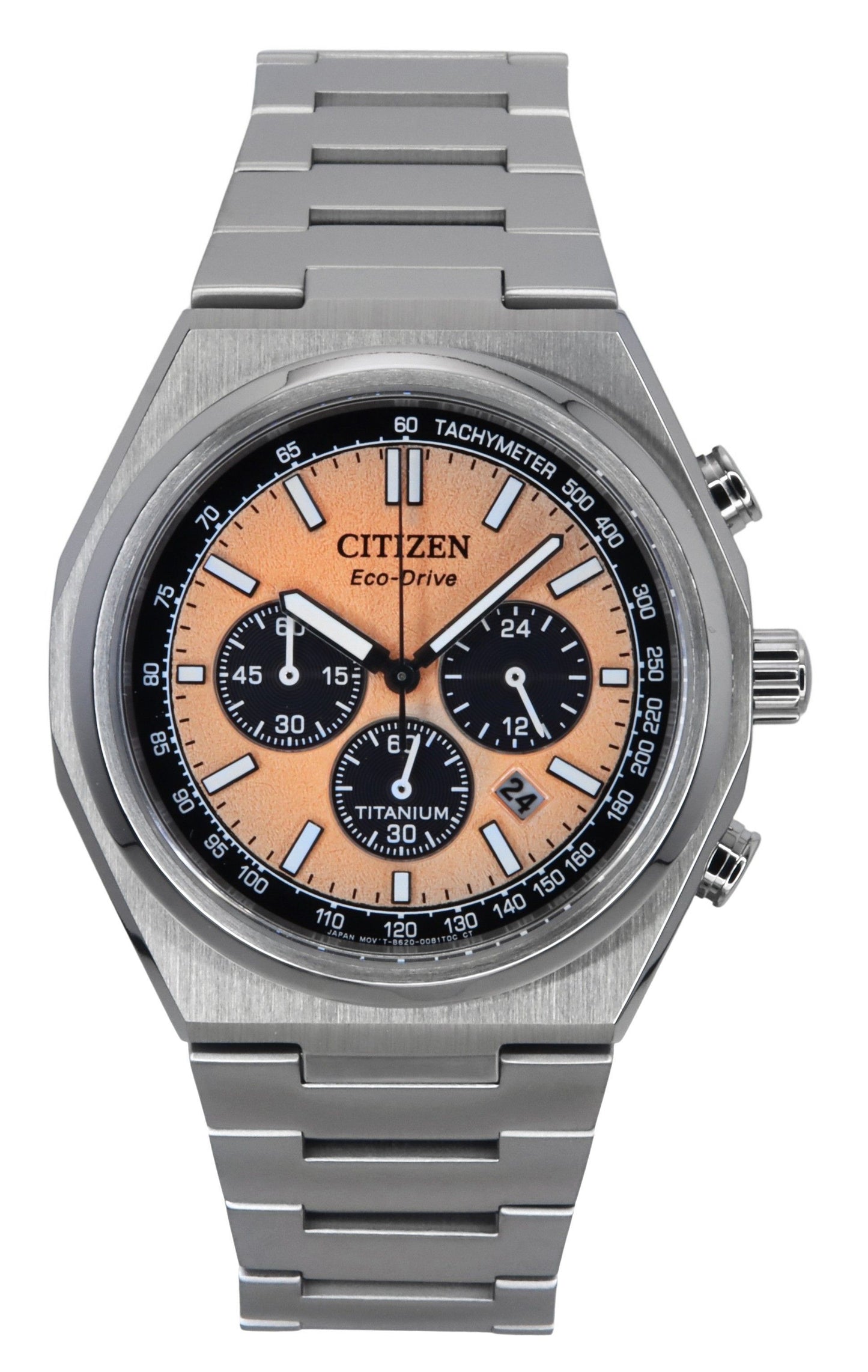 Citizen Zenshin Chronograph Super Titanium Salmon Dial. A brand-new Citizen Eco-Drive watch featuring a Salmon dial and a Titanium strap. Angled view.