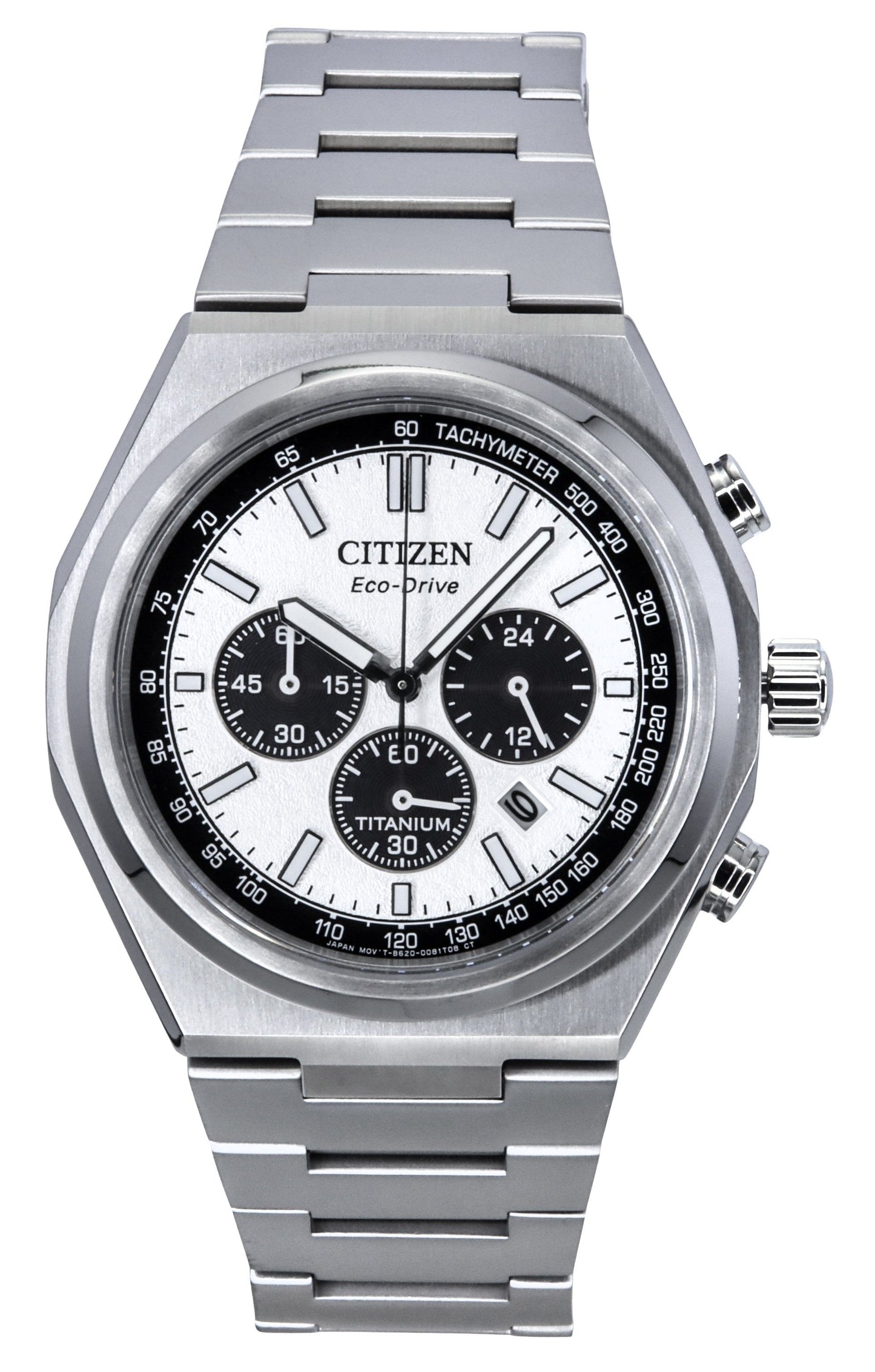 Citizen Zenshin Chronograph Super Titanium Silver Dial. A brand-new Citizen Eco-Drive watch featuring a Silver dial and a Titanium strap. Angled view.