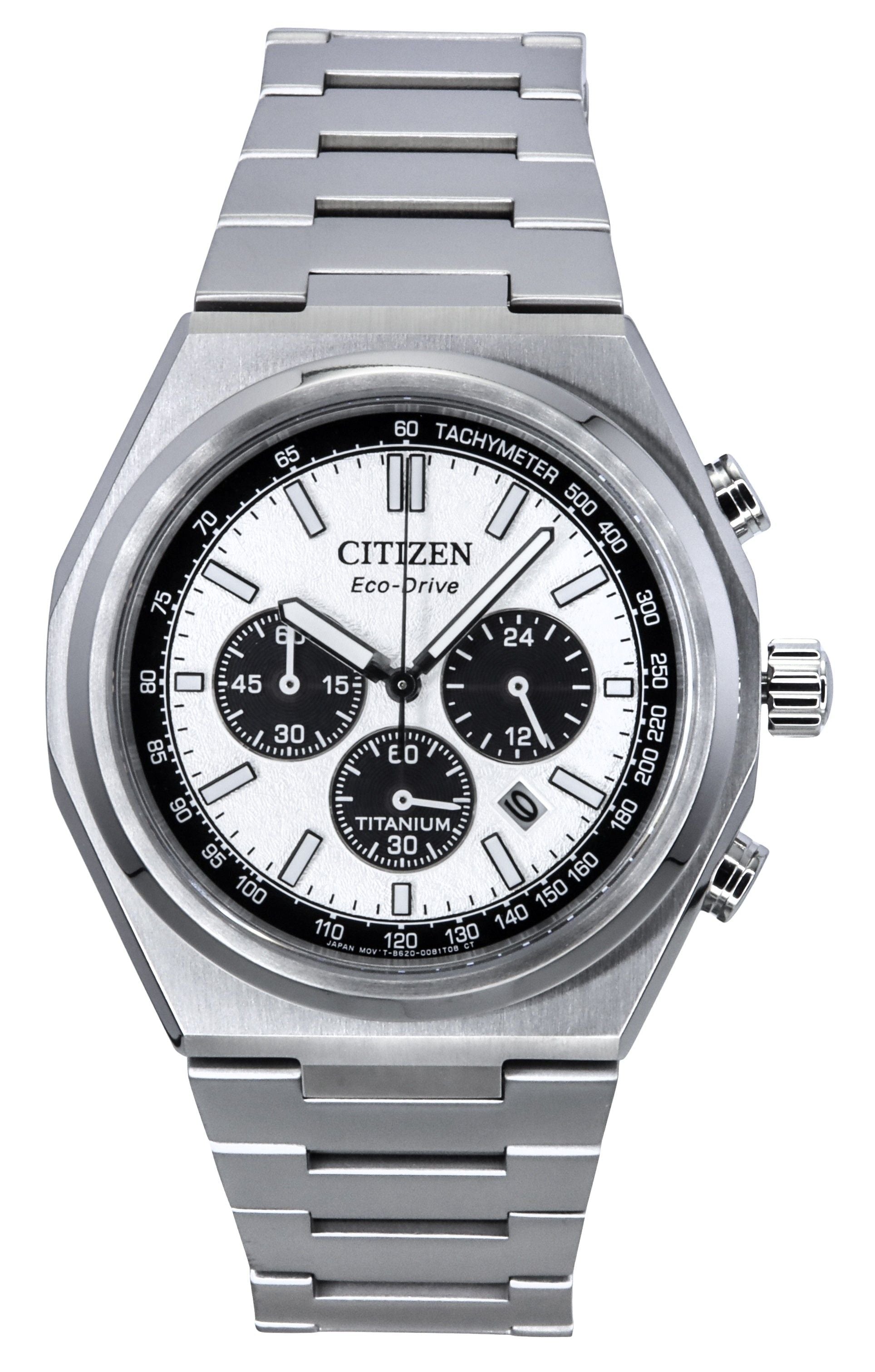 Citizen Zenshin Chronograph Super Titanium Silver Dial. A brand-new Citizen Eco-Drive watch featuring a Silver dial and a Titanium strap. Angled view.