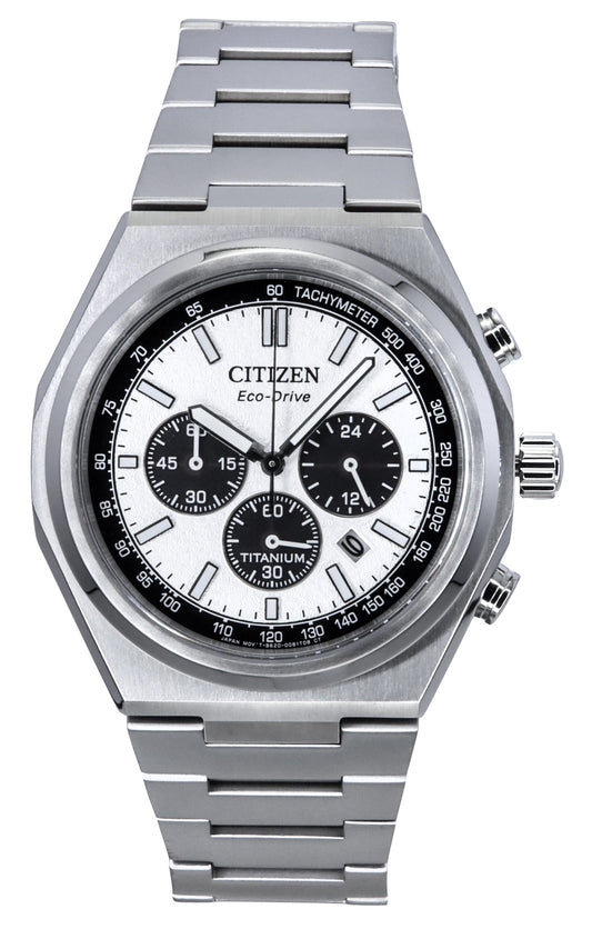 Citizen Zenshin Chronograph Super Titanium Silver Dial. A brand-new Citizen Eco-Drive watch featuring a Silver dial and a Titanium strap. Angled view.