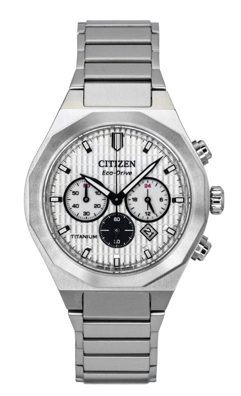 Citizen Zenshin Chronograph Super Titanium White Dial. A brand-new Citizen Eco-Drive watch featuring a White dial and a Titanium strap. Side view.