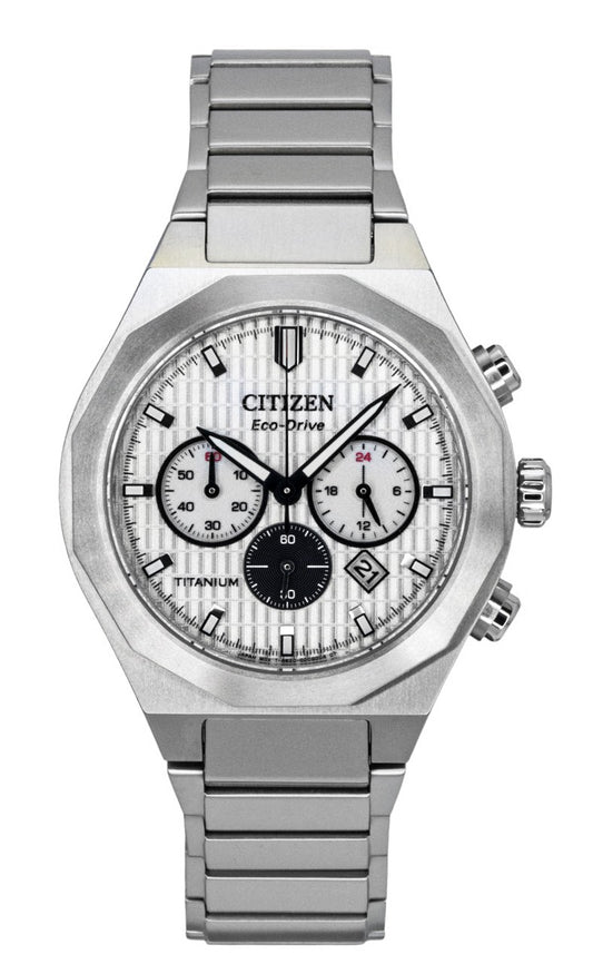 Citizen Zenshin Chronograph Super Titanium White Dial. A brand-new Citizen Eco-Drive watch featuring a White dial and a Titanium strap. Side view.